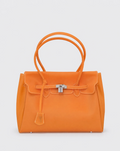 An orange jelly handbag with double top handles, a front flap, and a silver-toned turn-lock closure, photographed against a light gray background.