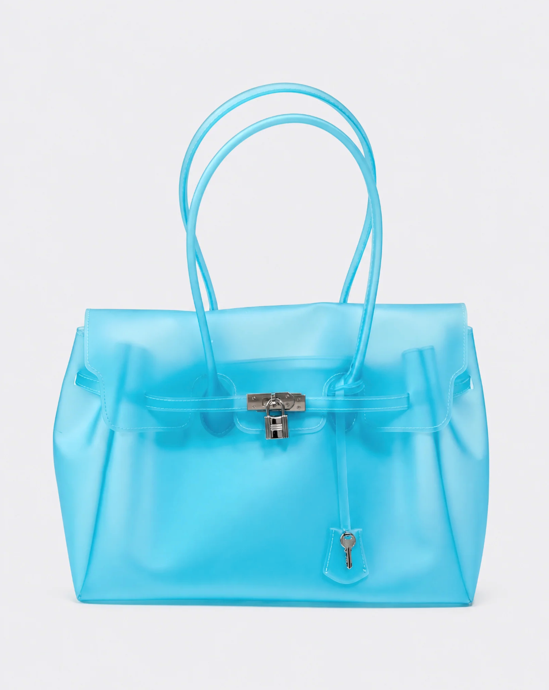 A translucent light blue jelly handbag with double top handles, a front strap closure, and a silver lock,